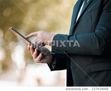 Corporate, man and hands with tablet outdoor for planning online report, reading news app and research information. Closeup of business worker, digital technology and review project analysis in city Corporate, man and hands with tablet outdoor for planning online report, reading news app and research information. Closeup of business worker, digital technology and review project analysis in city 137414008