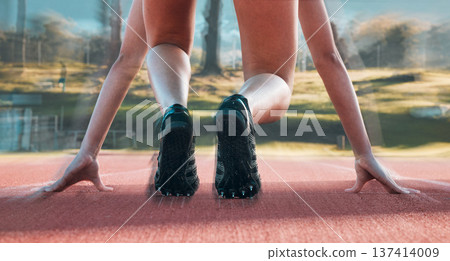 Start, running and sports with shoes of person on race track for fitness, speed and marathon training. Competition, health and workout with closeup of runner in stadium for energy and performance Start, running and sports with shoes of person on race track for fitness, speed and marathon training. Competition, health and workout with closeup of runner in stadium for energy and performance 137414009