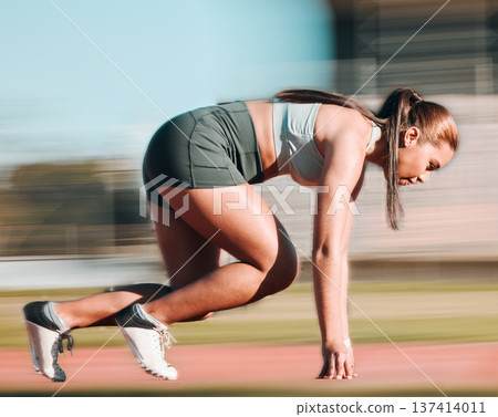 Start, running and fast with woman on race track for fitness, speed and marathon exercise. Competition, health and workout with runner training in stadium for energy, sports and cardio performance 137414011