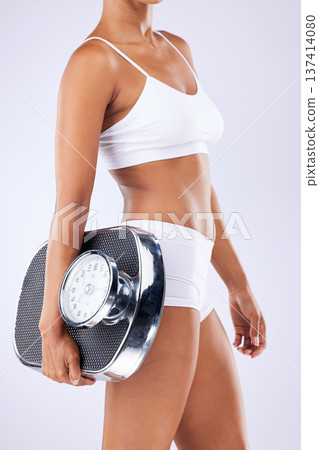 Scale, health and body of woman on a diet measure fitness progress, performance and weight loss for wellness. Fitness, underwear and person with self care isolated in a studio white background Scale, health and body of woman on a diet measure fitness progress, performance and weight loss for wellness. Fitness, underwear and person with self care isolated in a studio white background 137414080