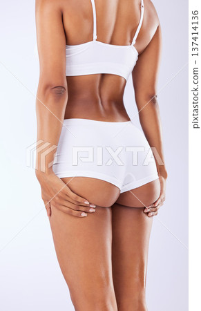 Bum, toned and back of a woman in underwear on a white background for skincare and body glow. Sexy, beauty and buttocks of a girl or model in lingerie for wellness and isolated on a studio backdrop Bum, toned and back of a woman in underwear on a white background for skincare and body glow. Sexy, beauty and buttocks of a girl or model in lingerie for wellness and isolated on a studio backdrop 137414136