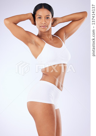 Portrait, health and woman in a bikini, self care and weight loss on a white studio background. Person, training and model with underwear, wellness or exercise with fitness, aesthetic and self car Portrait, health and woman in a bikini, self care and weight loss on a white studio background. Person, training and model with underwear, wellness or exercise with fitness, aesthetic and self car 137414137
