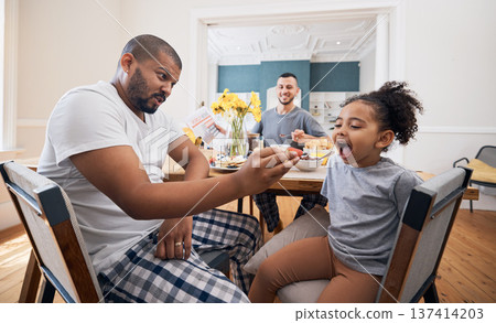 Gay couple, breakfast and father feeding child meal, food or morning cereal for youth development in home dining room. Family bond, adoption or homosexual dad smile for hungry kid girl eating Gay couple, breakfast and father feeding child meal, food or morning cereal for youth development in home dining room. Family bond, adoption or homosexual dad smile for hungry kid girl eating 137414203