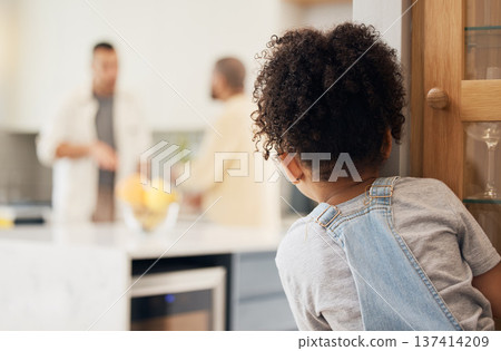 Divorce, gay couple and girl child watching parents argue in kitchen with stress, worry or fear at home. Family, crisis and homosexual men dispute foster kid custody, affair or conflict in house Divorce, gay couple and girl child watching parents argue in kitchen with stress, worry or fear at home. Family, crisis and homosexual men dispute foster kid custody, affair or conflict in house 137414209