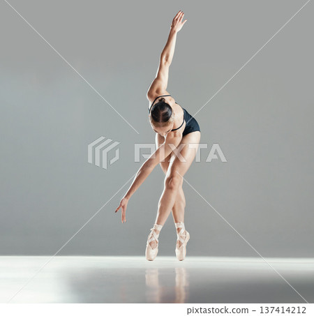 Mockup, space or woman ballet dancing or moving for wellness, balance or creative performance. Studio, dancer or girl ballerina training to exercise body or practice routine on white background 137414212