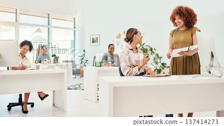 Fashion design, team or people with sketch drawing for training, plan or draft on clothing line. Collaboration, internship or woman speaking to designers for learning ideas or advice in training 137414273