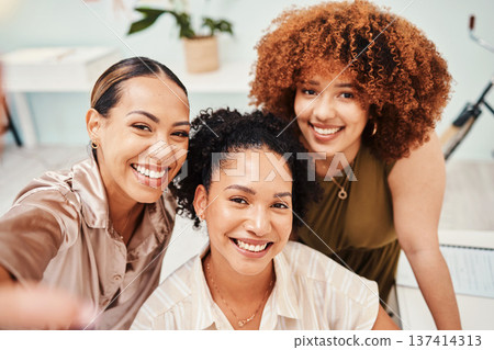Selfie, office or portrait of happy friends taking a photograph together for teamwork on workplace break. Fashion designers, faces or excited group of people in a picture for a social media memory 137414313