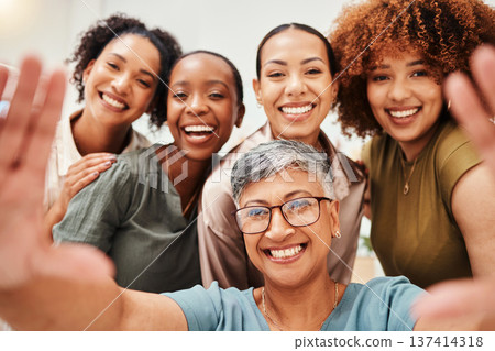 Selfie, office or portrait of women taking a picture together for teamwork on workplace break. Fashion designers, faces or excited group of happy employees in a photograph for a social media memory Selfie, office or portrait of women taking a picture together for teamwork on workplace break. Fashion designers, faces or excited group of happy employees in a photograph for a social media memory 137414318