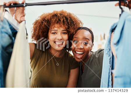 Friends, portrait or fashion with women in store excited by products on promotion, sale or discount. Clothing rack, smile or crazy faces of happy people in boutique for clothes deal or retail offer 137414329