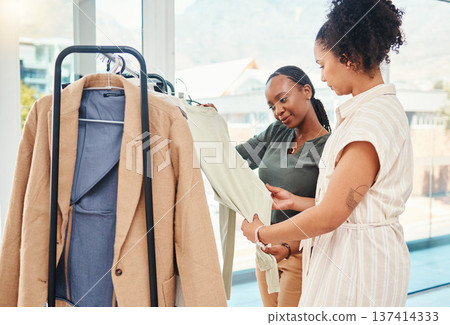 Consultant, fashion and shopping with black woman in store for clothes, fabric or products on promotion. Sale, stylist or African customer in boutique mall for service help, deal or discount offer Consultant, fashion and shopping with black woman in store for clothes, fabric or products on promotion. Sale, stylist or African customer in boutique mall for service help, deal or discount offer 137414333