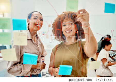 Creative women, planning and teamwork, sticky note and meeting with objectives and agenda at startup. Communication, glass board and collaboration, research and ideas, discussion and brainstorming 137414359