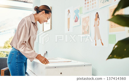 Fashion designer, workshop and woman with drawing, design and illustration in creative studio. Small business, retail boutique and happy person with palette for style, apparel and clothing ideas 137414360
