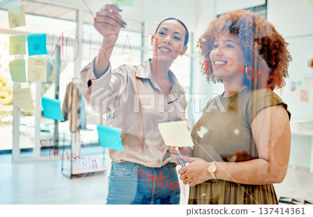 Women, brainstorming and teamwork, meeting with objectives and agenda on sticky note at creative startup. Communication, glass board and collaboration, research and ideas, discussion and strategy 137414361