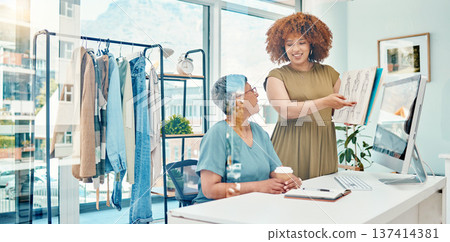 Talking, fashion design and women at a boutique for advice, creative discussion and help with drawing. Happy, communication and stylist showing a manager a paper for clothing inspiration or learning 137414381