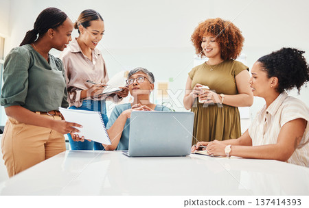 Laptop, document and women in office in discussion for teamwork brainstorming with manager. Diversity, planning and professional people with computer and paperwork for creative project in workplace. Laptop, document and women in office in discussion for teamwork brainstorming with manager. Diversity, planning and professional people with computer and paperwork for creative project in workplace. 137414393