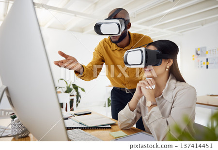 Business people, discussion and computer for vr vision, professional advice and coaching for metaverse project. Developer, augmented reality glasses and design for 3d tech development, man and woman Business people, discussion and computer for vr vision, professional advice and coaching for metaverse project. Developer, augmented reality glasses and design for 3d tech development, man and woman 137414451
