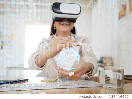 Business woman, virtual reality and globe for network in hands, holographic overlay or code for data in cyber metaverse. Happy developer, programming expert and ar vision for future, 3d earth or ux Business woman, virtual reality and globe for network in hands, holographic overlay or code for data in cyber metaverse. Happy developer, programming expert and ar vision for future, 3d earth or ux 137414452