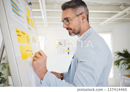 Whiteboard, sticky notes and businessman planning in office brainstorming for a corporate project. Professional, analysis and mature male lawyer writing ideas or information for strategy in workplace Whiteboard, sticky notes and businessman planning in office brainstorming for a corporate project. Professional, analysis and mature male lawyer writing ideas or information for strategy in workplace 137414460