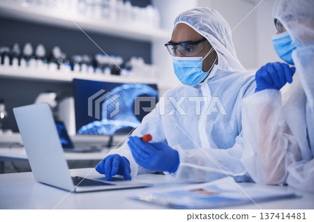 Laptop, science and blood sample with a medical team in a laboratory for research or innovation. Computer, teamwork and dna in a glass vial for lab test or study as a pathology scientist colleagues 137414481