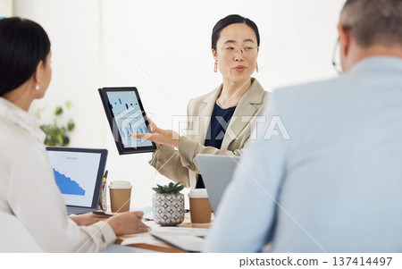 Tablet screen, data presentation and professional Asian woman show customer experience feedback, analytics or graph. Listen, project management or team leader with online statistics, insight or chart 137414497