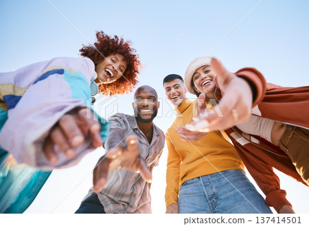 Friends, selfie and hands outdoor for social media, fashion and fun adventure. Below diversity, youth and portrait of student group or men and woman for profile picture, memory and freedom in nature 137414501