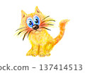 Playful fantasy cat creature with oversized whiskers and bright blue eyes on transparent background illustration for joyful children themes 137414513
