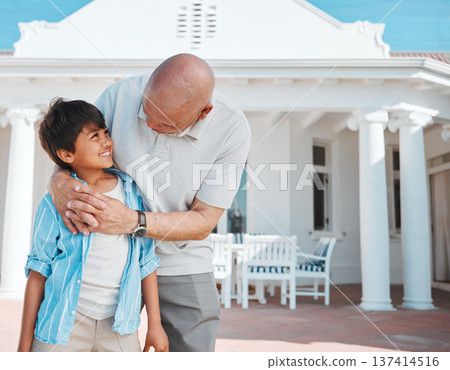 Smile, grandfather or child in backyard in new home, property or real estate together on holiday. Love, care or happy grandpa with boy or kid on outdoor porch to bond, hug or play in family house Smile, grandfather or child in backyard in new home, property or real estate together on holiday. Love, care or happy grandpa with boy or kid on outdoor porch to bond, hug or play in family house 137414516