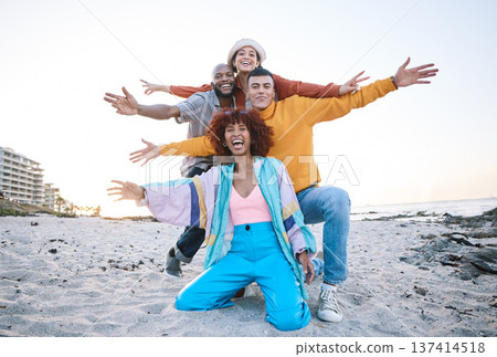 Friends, beach and portrait of people outdoor for travel, motivation and fun on sand. Diversity, happiness and gen z group of men and women for adventure, arms stretched and freedom in nature Friends, beach and portrait of people outdoor for travel, motivation and fun on sand. Diversity, happiness and gen z group of men and women for adventure, arms stretched and freedom in nature 137414518