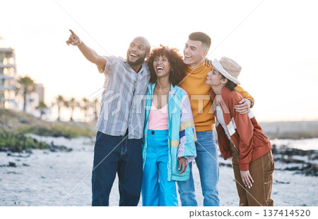 Beach, friends and people with view, gen z and fashion with smile, pointing and travel with hug outdoor. Happy in nature, ocean and urban streetwear style, adventure and friendship with students Beach, friends and people with view, gen z and fashion with smile, pointing and travel with hug outdoor. Happy in nature, ocean and urban streetwear style, adventure and friendship with students 137414520