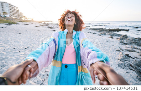 Pov, beach and happy black woman holding hands with man, boyfriend or husband for travel, adventure and sand. Ocean, couple and connection on outdoor date for adventure, vacation, sunshine and fun Pov, beach and happy black woman holding hands with man, boyfriend or husband for travel, adventure and sand. Ocean, couple and connection on outdoor date for adventure, vacation, sunshine and fun 137414531