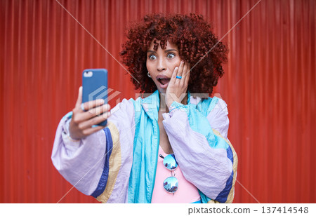 Wow, surprise and woman with smartphone, gossip and announcement on a red wall background. Person, model and girl with a cellphone, expression or shock with notification, social media or wtf reaction Wow, surprise and woman with smartphone, gossip and announcement on a red wall background. Person, model and girl with a cellphone, expression or shock with notification, social media or wtf reaction 137414548