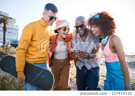People, phone and friends laughing outdoor for meme, funny video and fun. Diversity, happiness and gen z group of men and women with a smartphone for social media, skateboard and freedom in city People, phone and friends laughing outdoor for meme, funny video and fun. Diversity, happiness and gen z group of men and women with a smartphone for social media, skateboard and freedom in city 137414550