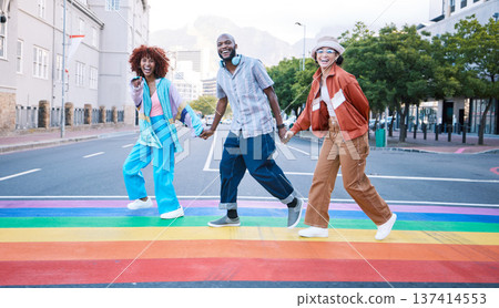 Lgbtq, people holding hands and rainbow on street, paint and community with gen z, happiness and fashion in city. Urban streetwear, pride and queer support with ally, different or unique in portrait 137414553