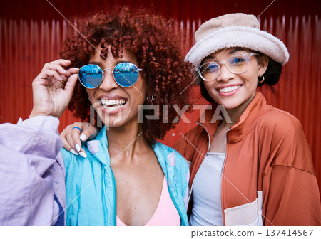 Women in portrait, gen z and fashion, friends are casual and cool with happiness and hipster. Urban streetwear, sunglasses and style with trendy clothes, young people and students with smile 137414567
