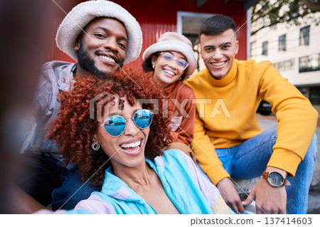 Selfie, friends and happy in portrait, gen z and fashion with smile, casual and cool, social media post and memory. Young people in picture, content creation and streetwear, influencer and friendship Selfie, friends and happy in portrait, gen z and fashion with smile, casual and cool, social media post and memory. Young people in picture, content creation and streetwear, influencer and friendship 137414603