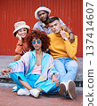Friends, fashion and gen z, people in portrait and diversity, relax on sidewalk and casual, cool and young. Students, urban streetwear style and friendship, trendy clothes and together outdoor 137414607