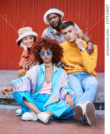 Friends, fashion and gen z, people in portrait and diversity, relax on sidewalk and casual, cool and young. Students, urban streetwear style and friendship, trendy clothes and together outdoor Friends, fashion and gen z, people in portrait and diversity, relax on sidewalk and casual, cool and young. Students, urban streetwear style and friendship, trendy clothes and together outdoor 137414607