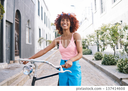 Bike, gen z or portrait of happy woman cycling with street fashion in urban outdoor activity on holiday. City girl, streetwear and sustainable transport, carbon neutral travel on bicycle in road Bike, gen z or portrait of happy woman cycling with street fashion in urban outdoor activity on holiday. City girl, streetwear and sustainable transport, carbon neutral travel on bicycle in road 137414608