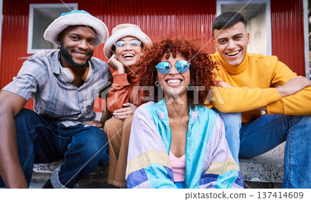 Smile, city and portrait of friends outdoor for travel, fashion and happiness. Diversity, gen z and student group or men and woman laugh for funny holiday, sunglasses and freedom on urban street Smile, city and portrait of friends outdoor for travel, fashion and happiness. Diversity, gen z and student group or men and woman laugh for funny holiday, sunglasses and freedom on urban street 137414609