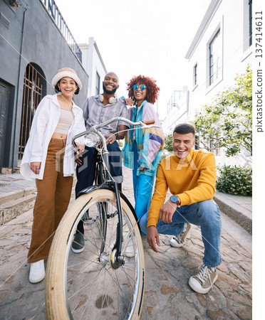 Friends group, bicycle and happy outdoor for travel, fashion style and fun with youth in the city. Diversity, gen z and men and women portrait to relax, student adventure or freedom on urban street Friends group, bicycle and happy outdoor for travel, fashion style and fun with youth in the city. Diversity, gen z and men and women portrait to relax, student adventure or freedom on urban street 137414611