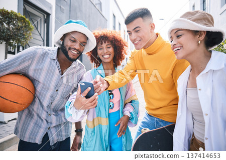 Gen z friends, phone and street with laugh, meme and streaming on social network, blog and happy in city. Student group, men and women with smartphone, comic video or point on web in Los Angeles cbd Gen z friends, phone and street with laugh, meme and streaming on social network, blog and happy in city. Student group, men and women with smartphone, comic video or point on web in Los Angeles cbd 137414653