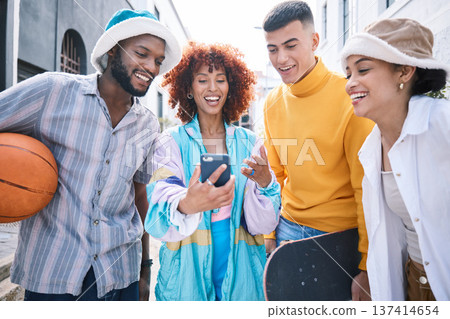 Gen z friends group, phone and city with meme, laugh and reaction to social media, blog and happy in street. Students, men and women with smartphone, comic video or post on web in Los Angeles metro Gen z friends group, phone and city with meme, laugh and reaction to social media, blog and happy in street. Students, men and women with smartphone, comic video or post on web in Los Angeles metro 137414654