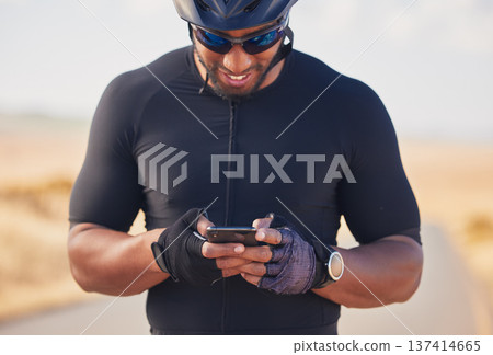Phone, cycling and nature, happy man at rest stop in countryside looking at direction or map information online. Mobile chat, fitness app and smartphone, cyclist in road on internet search with smile Phone, cycling and nature, happy man at rest stop in countryside looking at direction or map information online. Mobile chat, fitness app and smartphone, cyclist in road on internet search with smile 137414665