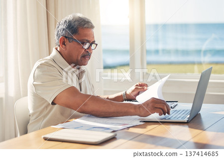 Senior man, laptop and documents in budget planning, schedule payment or checking bills at home. Mature male person working on computer, paperwork or expenses in finance, insurance or retirement plan Senior man, laptop and documents in budget planning, schedule payment or checking bills at home. Mature male person working on computer, paperwork or expenses in finance, insurance or retirement plan 137414685