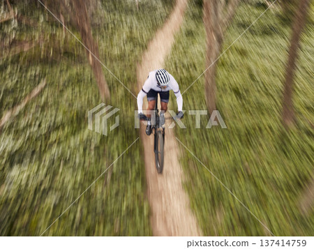 Speed, nature and cyclist on bicycle from above with helmet, exercise adventure trail and forrest fitness. Cycling, woods and man with mountain bike in trees for workout, motivation or fast energy. 137414759