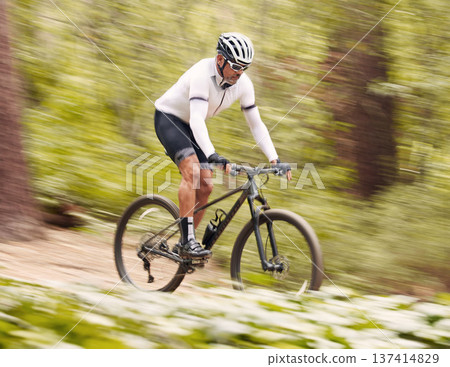Nature, bicycle or fast sports man travel, ride and journey on off road adventure, outdoor challenge or bike exercise. Cycling action, speed blur or athlete training, fitness and competition in woods Nature, bicycle or fast sports man travel, ride and journey on off road adventure, outdoor challenge or bike exercise. Cycling action, speed blur or athlete training, fitness and competition in woods 137414829