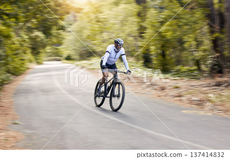 Nature road, mountain bike and sports man travel, ride and adventure on bicycle, triathlon challenge or journey. Cycling competition, motion blur and cyclist training, freedom and workout in France 137414832