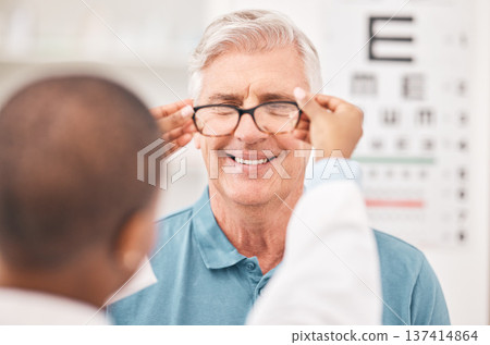 Optometrist, fitting glasses and senior man with smile, test and helping hand for healthy vision in retirement. Ophthalmologist, elderly patient and exam with lens, frame and wellness for eyesight Optometrist, fitting glasses and senior man with smile, test and helping hand for healthy vision in retirement. Ophthalmologist, elderly patient and exam with lens, frame and wellness for eyesight 137414864