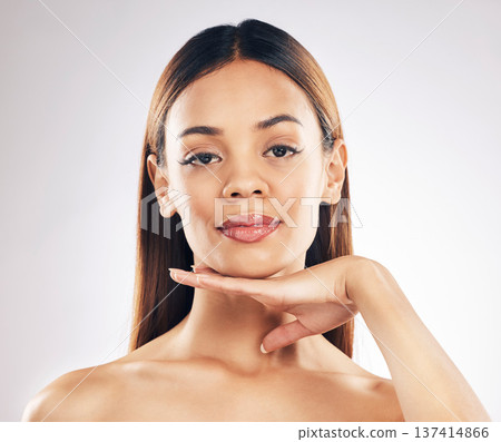 Skincare, portrait and woman in studio for self care, wellness or cosmetic satisfaction on white background. Beauty, face and lady model with cosmetic, care or facial, dermatology or treatment result Skincare, portrait and woman in studio for self care, wellness or cosmetic satisfaction on white background. Beauty, face and lady model with cosmetic, care or facial, dermatology or treatment result 137414866