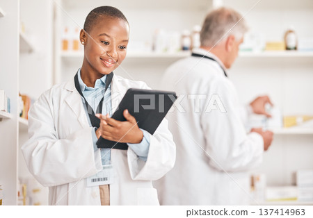 Smile, pharmacy and black woman with a tablet, connection and research on medication, prescription or treatment. Healthcare, pharmaceutical and African person with technology, medical stock and app Smile, pharmacy and black woman with a tablet, connection and research on medication, prescription or treatment. Healthcare, pharmaceutical and African person with technology, medical stock and app 137414963